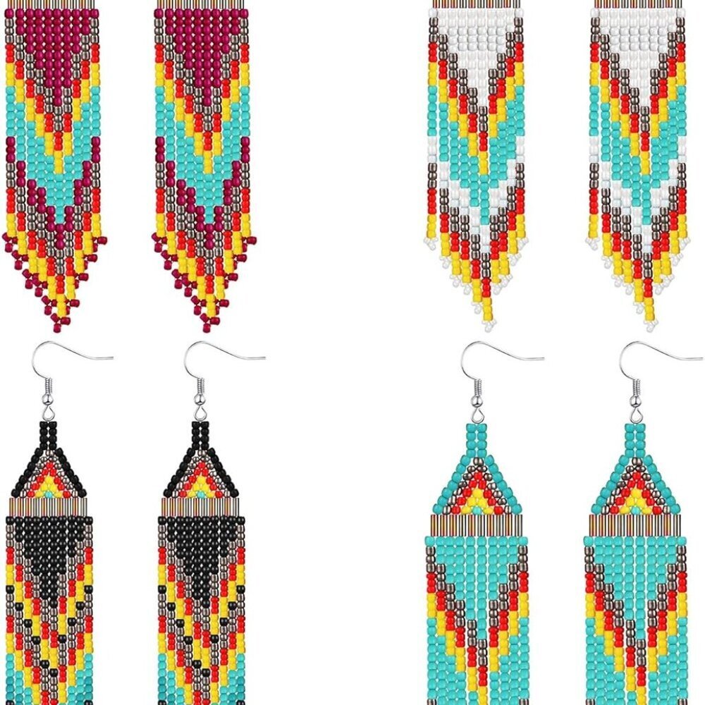 4 Pcs Long Beaded Tassel Earrings Bohemia Native Handmade Statement Fringe Drop